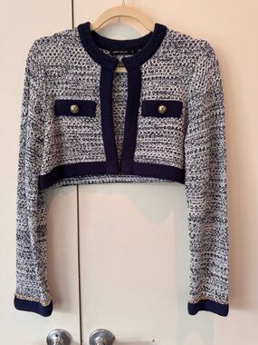 NWOT Karen Millen Navy and White Textured Cropped Knit Cardigan